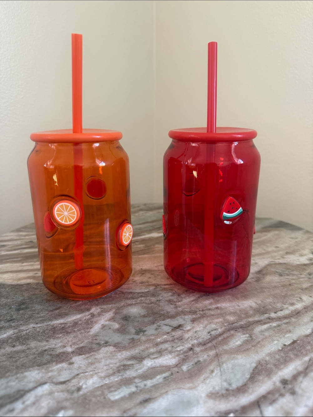 Viral Tik tok Orange and Red Fruit-Accent Soda Can Tumblers with Straws